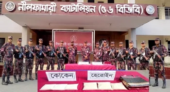 বাস থামিয়ে তল্লাসি, ৬২ লাখ টাকার কোকেন-হেরোইন জব্দ করলেন নীলফামারী ৫৬ বিজিবি