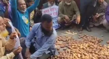 হিমাগারে আলু সংরক্ষণের ভাড়া বৃদ্ধির প্রতিবাদে দিনাজপুরের বীরগঞ্জে আলু ফেলে অবরোধ কৃষকের বিক্ষোভ